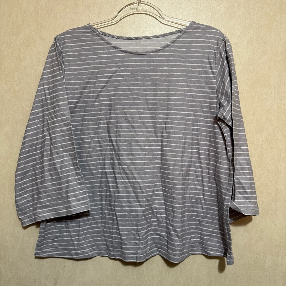 Garnet Hill Organic Cotton Gray White Stripper 3/4 Sleeve T Shirt